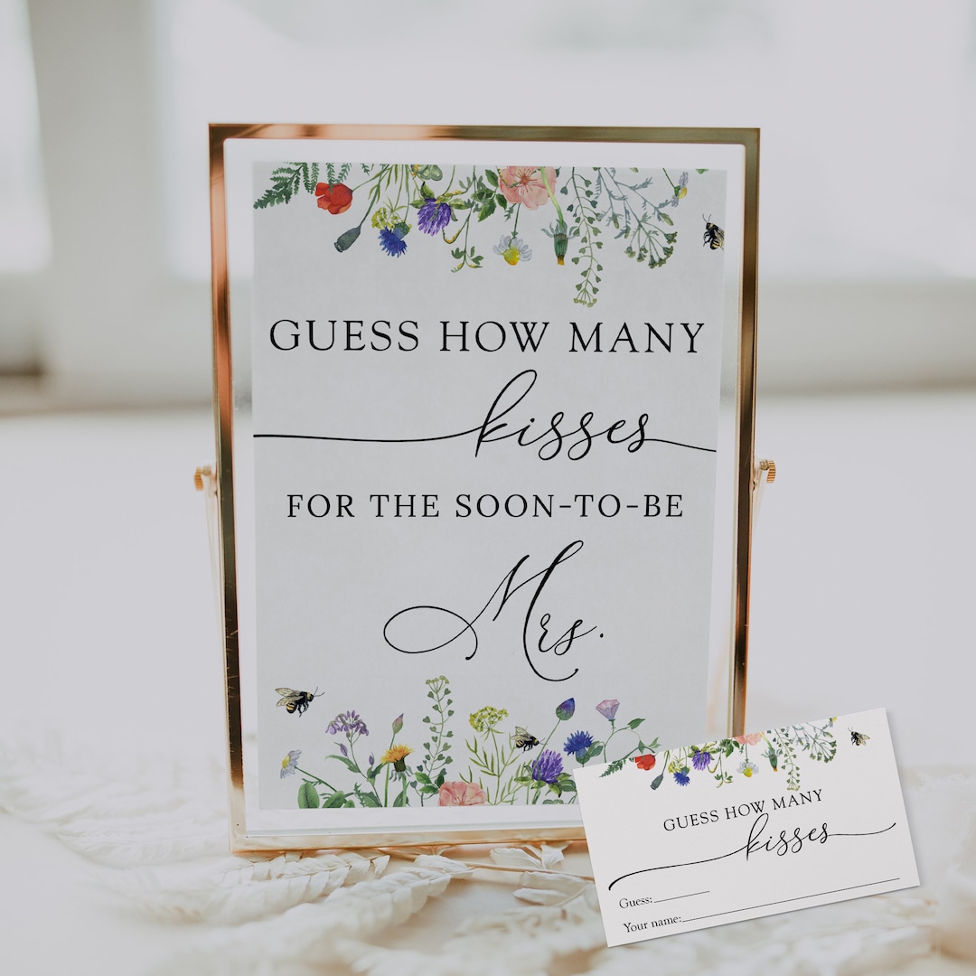 Kisses for the Mrs Sign and Guess Card, Printable Template, Wildflower ...