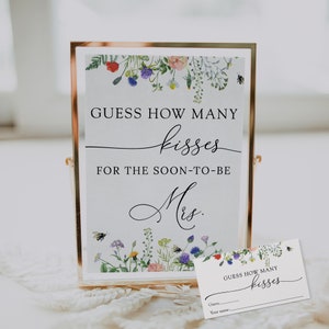 Kussen voor mevrouw Sign and Guess Card, afdrukbare sjabloon, velden met wilde bloemen en bijen, vrijgezellenfeest, instant download, Templett, #AP18