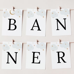 Bannerkaarten Over the Moon, babyshower, blauw en goud, afdrukbare sjabloon, direct downloaden, Templett