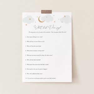 Over the Moon Geschwister Fragen Baby Shower Spiel Karte, blaue Wolken, was würde Sibling sagen, Druckbare Vorlage, INSTANT DOWNLOAD, #AP3b_BBG