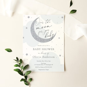 Over the Moon Baby Shower Invitation: Silver Moon, Stars (INSTANT DOWNLOAD)