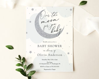 Over the moon for you baby Shower Invitation, Blue Twinkle Little Star, Silver Moon, Printable Template, INSTANT DOWNLOAD #AP3bs_BB
