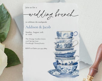 Wedding Brunch Invitation, Chinoiserie Blue Teacups, Bridal Tea, Printable Template, Corjl, Instant Download