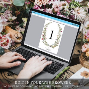 May include: A digital template for a wedding table number with a floral wreath design. The number 1 is displayed in the center of the wreath. The text "Table" is below the wreath.