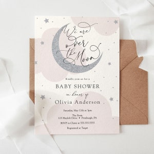 We are over the Moon Baby Shower Invitation, Pink Twinkle Little Star, Silver Moon, Printable Template, INSTANT DOWNLOAD #AP3ps_BB