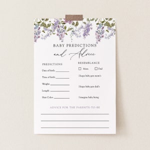 Tarjeta de consejos y predicciones para bebés, juegos de baby shower, plantilla imprimible de juego de baby shower con arbusto de mariposa lila