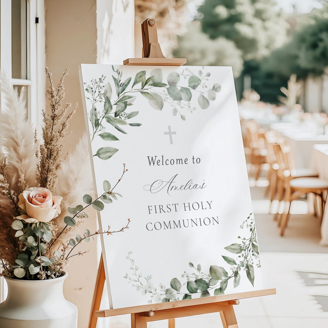 First Communion Welcome Sign First Communion Welcome Sign Template, Eucalyptus Greenery Instant ...