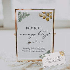 Golden Bee and Eucalyptus Baby Shower Game Card and Sign, How big is mommy's belly guessing game,  Printable Instant Download #AP10