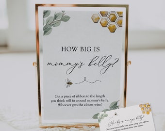 Golden Bee and Eucalyptus Baby Shower Game Card and Sign, How big is mommy's belly guessing game,  Printable Instant Download #AP10