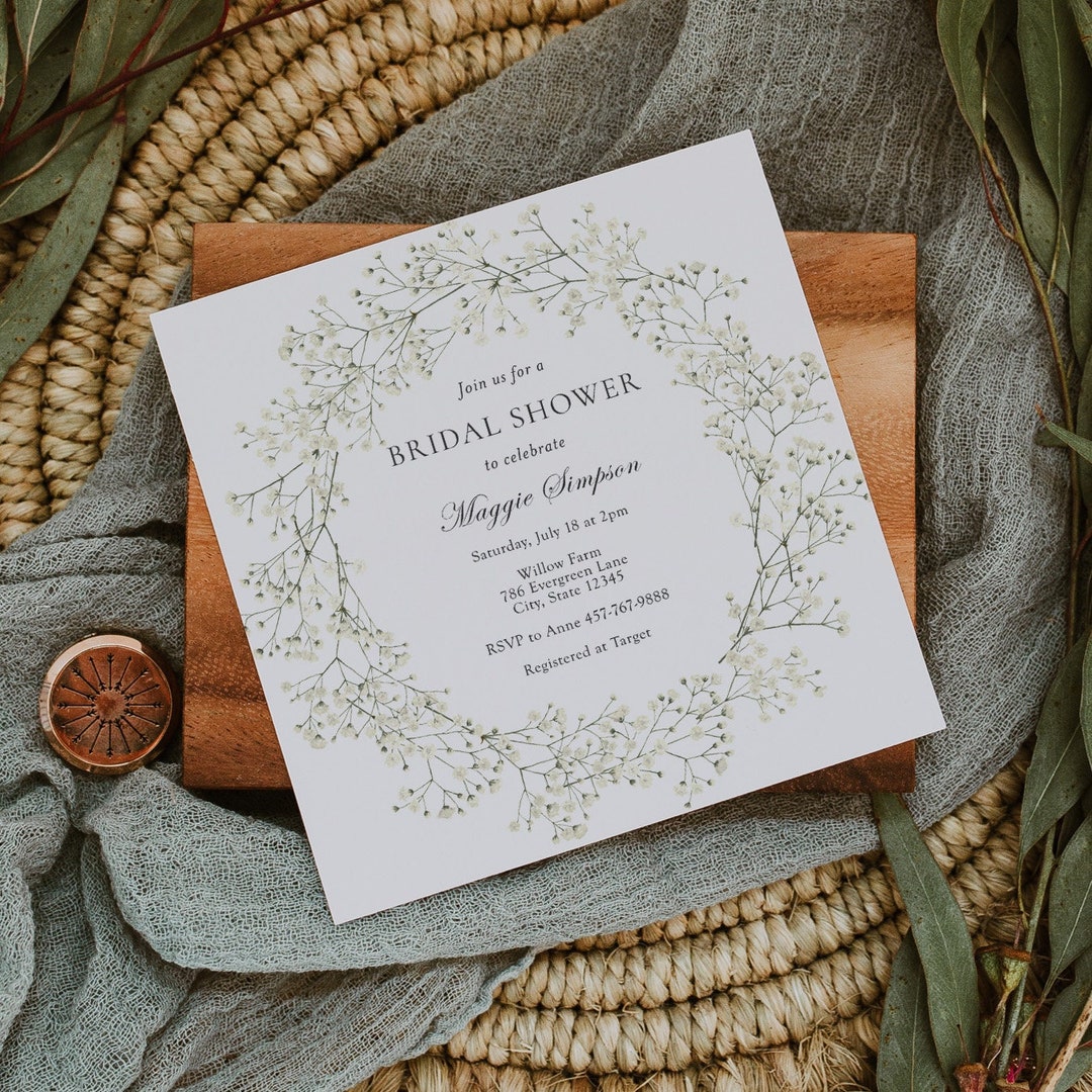 Baby's Breath Wreath Bridal Shower Invitation, Elegant and Simple ...