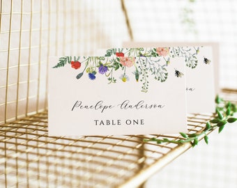 Name Place Card Printable Template, Wildflower Fields and Bees, Escort Card, Instant Download, Templett, #AP18