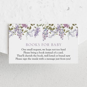Lila Flieder Bücher für Baby Gehäuse Kartenvorlage, bringen Sie ein Buch Anfrage Insert Karte, Templett Instant Download