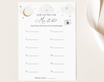 Over the Moon, How old was the mom to be, Baby Shower Photo Game, Gray Clouds, Printable Template, INSTANT DOWNLOAD