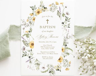 Floral Baptism Invitation Template, Editable Christening Invite for Girls, Printable Botanical Baptism Invitation, Instant Download