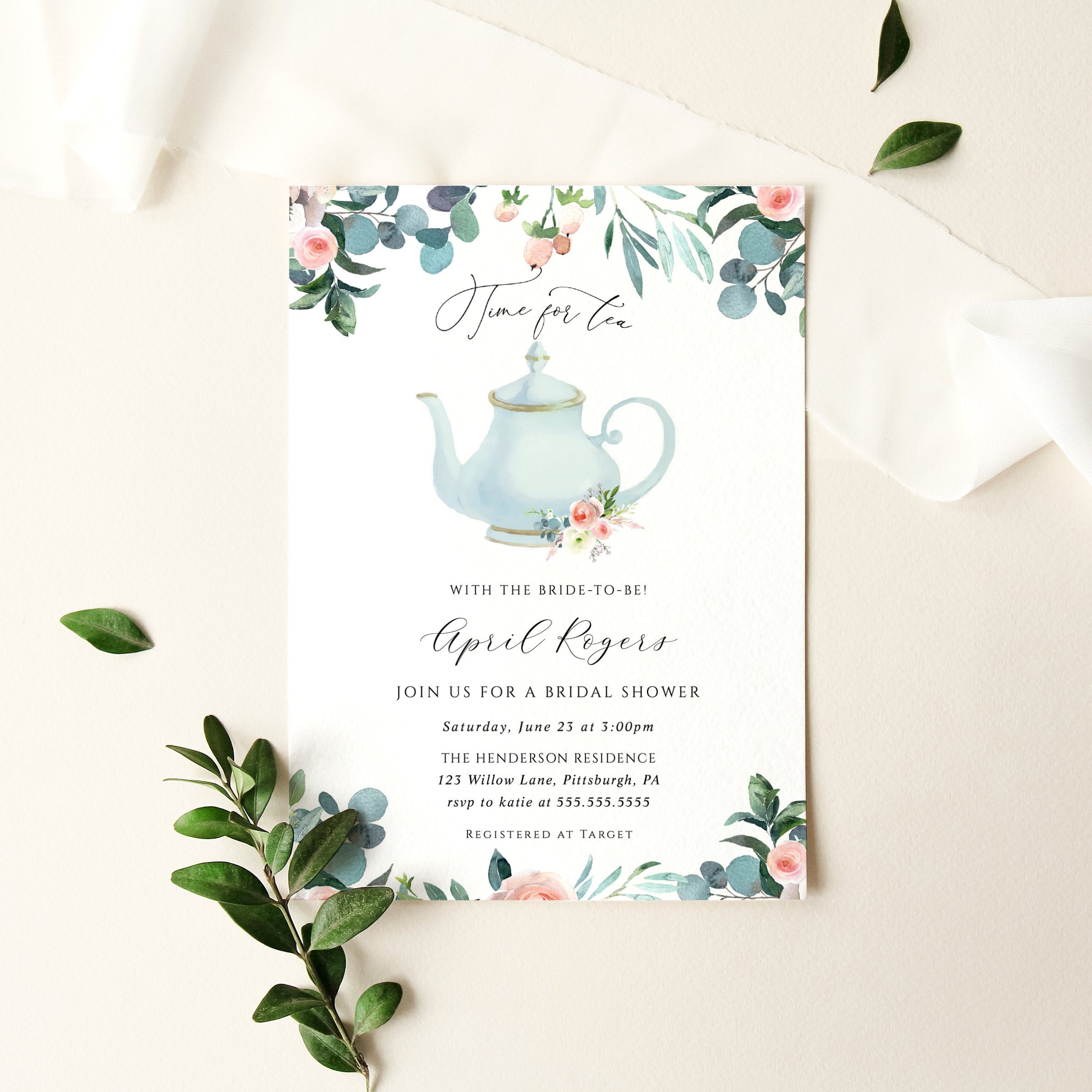 Tea Party Bridal Shower invitation Template Time for Tea Etsy