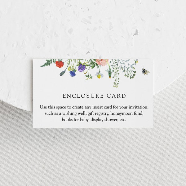 Custom Enclosure Card Printable Template, Wildflower Fields and Bees, Bridal Shower Insert, Instant Download, Templett, #AP18