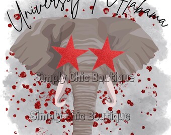 May include: A gray elephant with red glitter stars over its eyes. The text "University of Alabama" is written in black cursive above the elephant. The text "Simply Chic Boutique" is written in black below the elephant. The background is a white watercolor wash with red glitter dots.