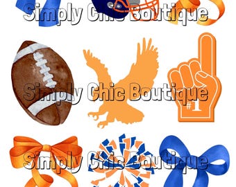 Può includere: Un set di immagini clipart digitali che includono un pallone da football, un casco da football, un pompon di cheerleader, una mano con un dito numero uno, un fiocco e un'aquila. Le immagini sono di colore arancione, blu e marrone. Il testo "Simply Chic Boutique" e "war eagle football" è incluso nell'immagine.