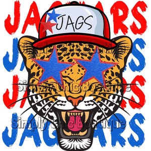 May include: A cartoon jaguar wearing a red and white baseball cap with the word "JAGS" on it. The jaguar has blue star-shaped sunglasses and is roaring. The background is white with the word "JAGUARS" repeated in red and blue.