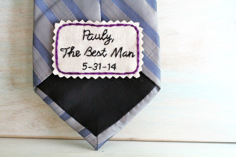 Best Man Gift. Groomsmen Gift. Hand Embroidered Tie Patch. Embroidered Note for Your Best Man and Groomsmen. Necktie. Wedding Gift. image 1