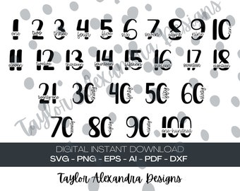 Puede incluir: Archivos de corte digital en blanco y negro para los números del uno al cien. Los números están en un estilo de fuente manuscrita. Los números están dispuestos en filas. El texto "DIGITAL INSTANT DOWNLOAD" y "SVG - PNG - EPS - AI - PDF - DXF" está en la parte inferior de la imagen. El texto "Taylor Alexandra Designs" está en la parte inferior de la imagen.