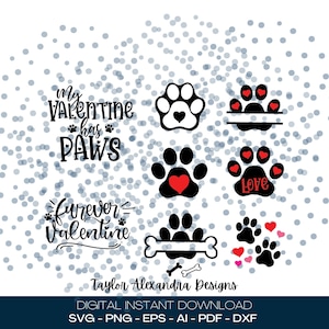 Valentine&#39;s Day Paw Print Designs Digital Download | Dog, Pet, Love Pawprints | SVG Cricut, Silhouette | Svg, Pdf, Png, Eps, Ai, Dxf files