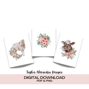 Floral Animal Wall Art Download | Printable | Baby Girl Decor | Floral Cow Lamb Decor | Nursery Wall Art | Digital Download | Pdf & Png file