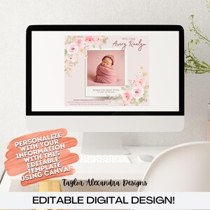 Tarjetas de agradecimiento y anuncio de nacimiento de niña (descarga digital editable) / Plantilla editable de Canva / Publicación en redes sociales de cumpleaños de niña