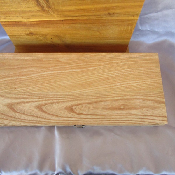 WOOD BOX RECTANGULAR Shape, has a blue liner on bottom of box , 15 1/2 " long x 6 3/4 " wide x 1 3/4 " deep