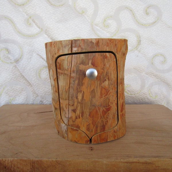 WOOD LOG TRINKET Box with secret drawer under main drawer , 4" diameter x  4 " high