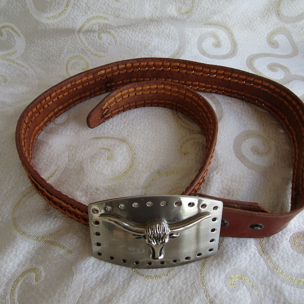 HAND CRAFTED LEATHER Belt with Silver Colored Longhorn Steer Head Buckle on front and Tan and Brown Designs on Belt - size 38" long