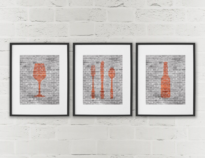 dining room art kitchen prints beer wine cutlery set of 3 | etsy