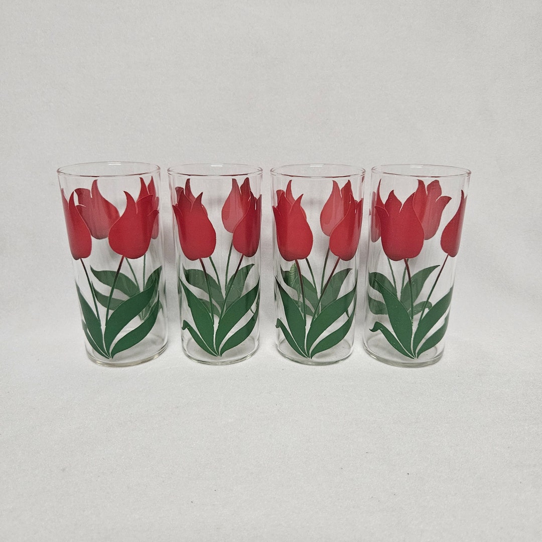 Set of 4 Red Tulip Glasses, Vintage Floral Tumblers - Etsy