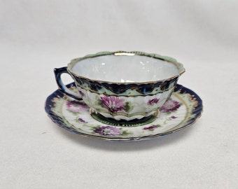 Cobalt & Gold Floral Bone China Cup and Saucer-Purple Flowers