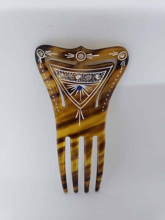 Antique Tortoise Shell Blue Rhinestone Hair Combs Antique Edwardian Tortoiseshell Celluloid Hair Comb  main image 4
