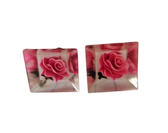 Vintage Lucite Reverse Carved Pink Rose Screw Back Earrings