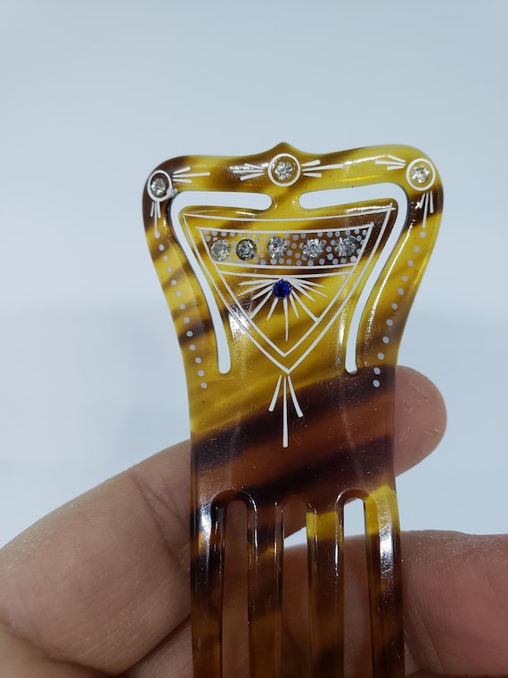 Vintage Faux Tortoise Shell Hair Comb With Clear & Blue  display picture 3