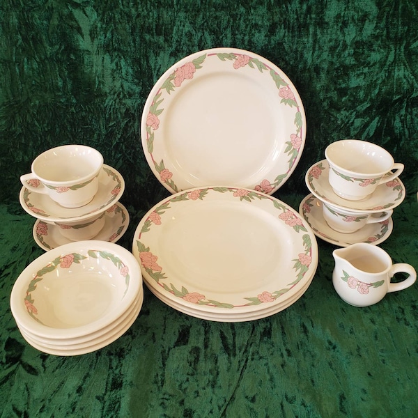 17 Pc Set Vintage Syracuse China Restaurant Ware LENORE Pattern Pink, Green, Gold Trim-Place Settings for Four