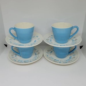 Royal China Blue Heaven-Set of 4 Cups & Saucers-Mid Century Atomic Abstract-Excellent Condition