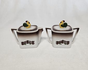 Orchard Ware ORC4 Roosters/Chickens Creamer & Sugar Bowl-Brown Trim Dinnerware-California Made