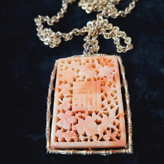 Signed JJ Jonette Jewelry Faux Carved Coral Penda… - image 3