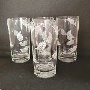 Set of 4 Vintage Clear Glass Tumblers with White Leaves-Signed Todd