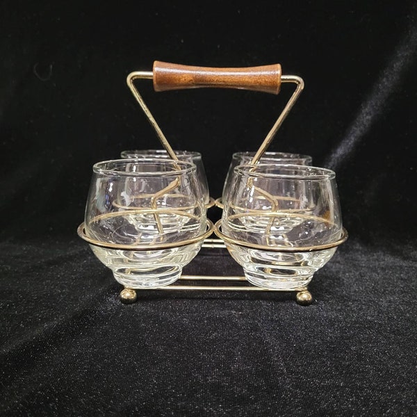 Set of 4 Libbey Roly Poly Glasses with Wood & Metal Carrying Rack Caddy-Vintage Barware