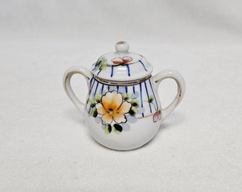 Vintage Mini-Zuckerdose mit Blumenmuster und blauen Linien, hergestellt in Japan