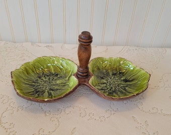Vintage Treasure Craft Green Relish Serving Tidbit Dishes with Center Handle Retro Tableware Party Snack