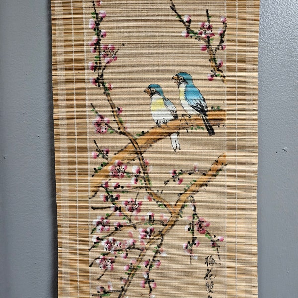 Vintage Oriental Bamboo Wall Hanging with Birds