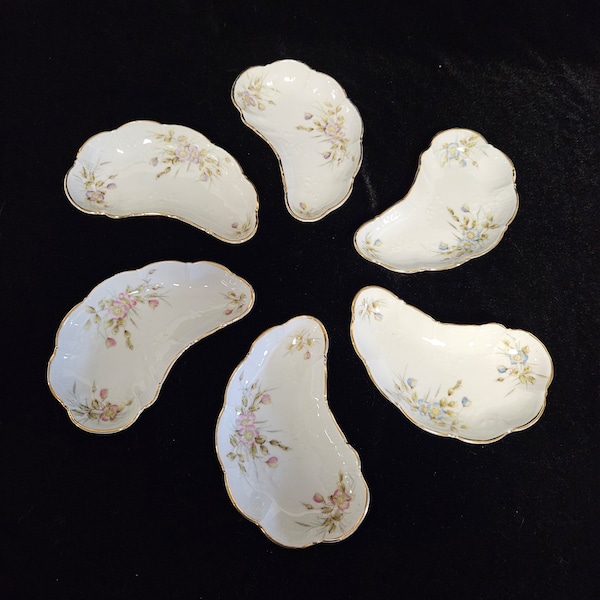 Set of 6 Bone Dishes, Unmarked Beauties.  Pink, Purple, Blue Floral Patterns