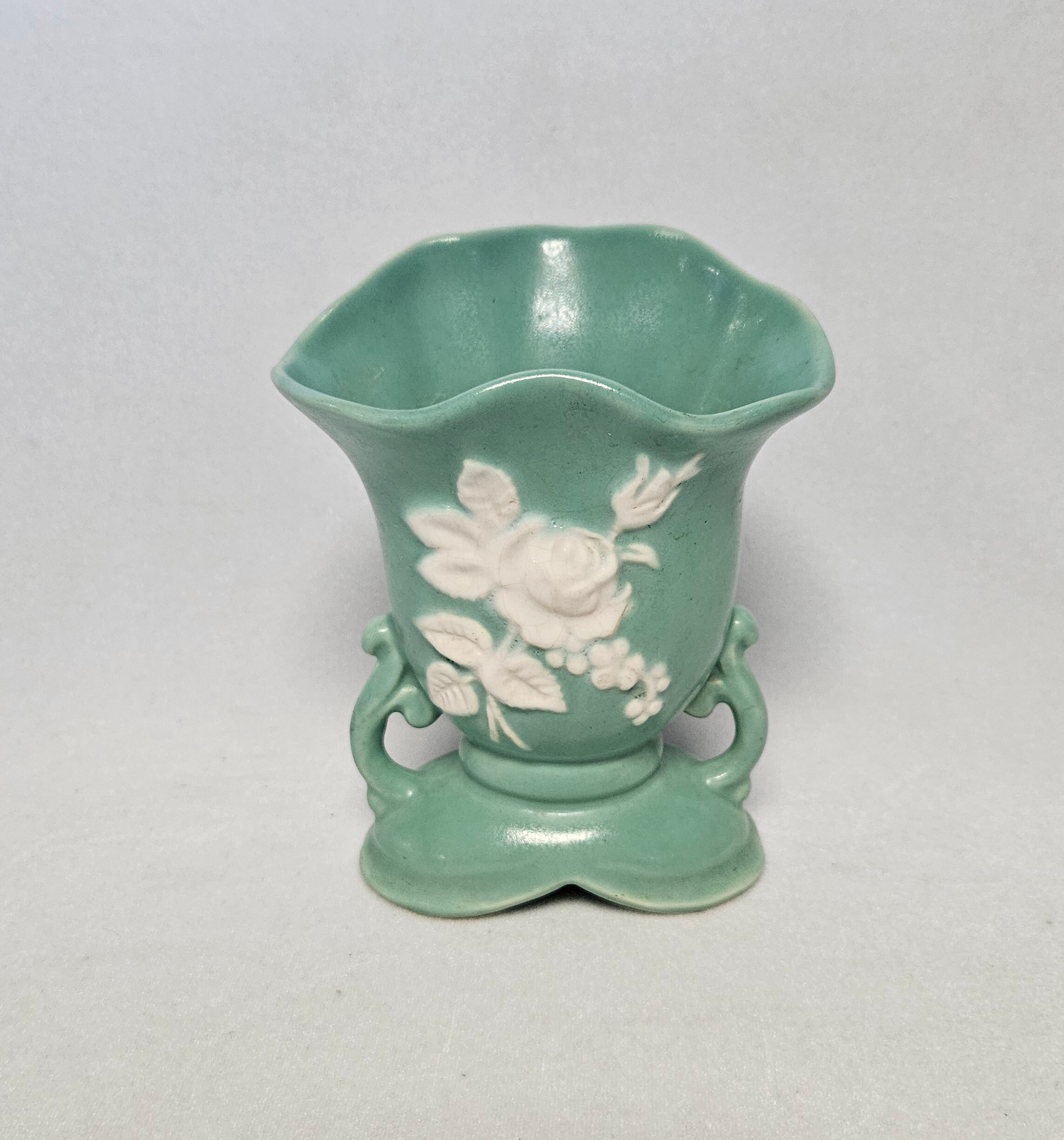 Weller Pottery Green Vase-cameo Rose, White Roses-double Handled