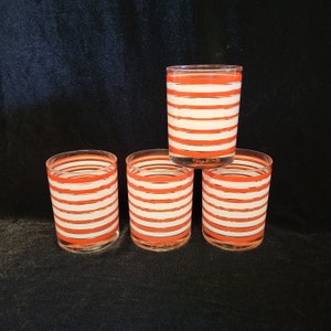 Vintage Georges Briard rood-wit gestreepte glazen-dubbel ouderwets, whisky, rotsen, cocktail-retro-bargerei, barwagen