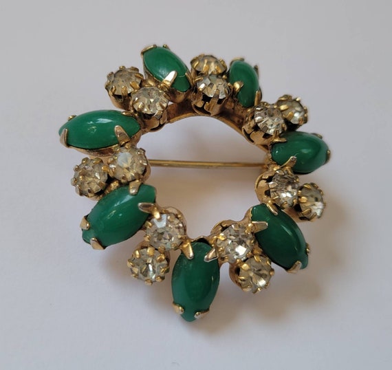 Vintage Mid Century Green and Rhinestone Circle B… - image 3